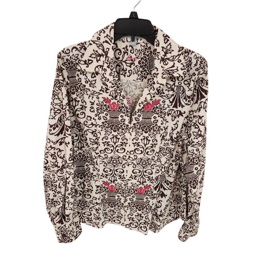 Foxcroft Wrinkle Free Fitted Shirt Sz 14 Zip Up Cream W Floral Brown Pink Print